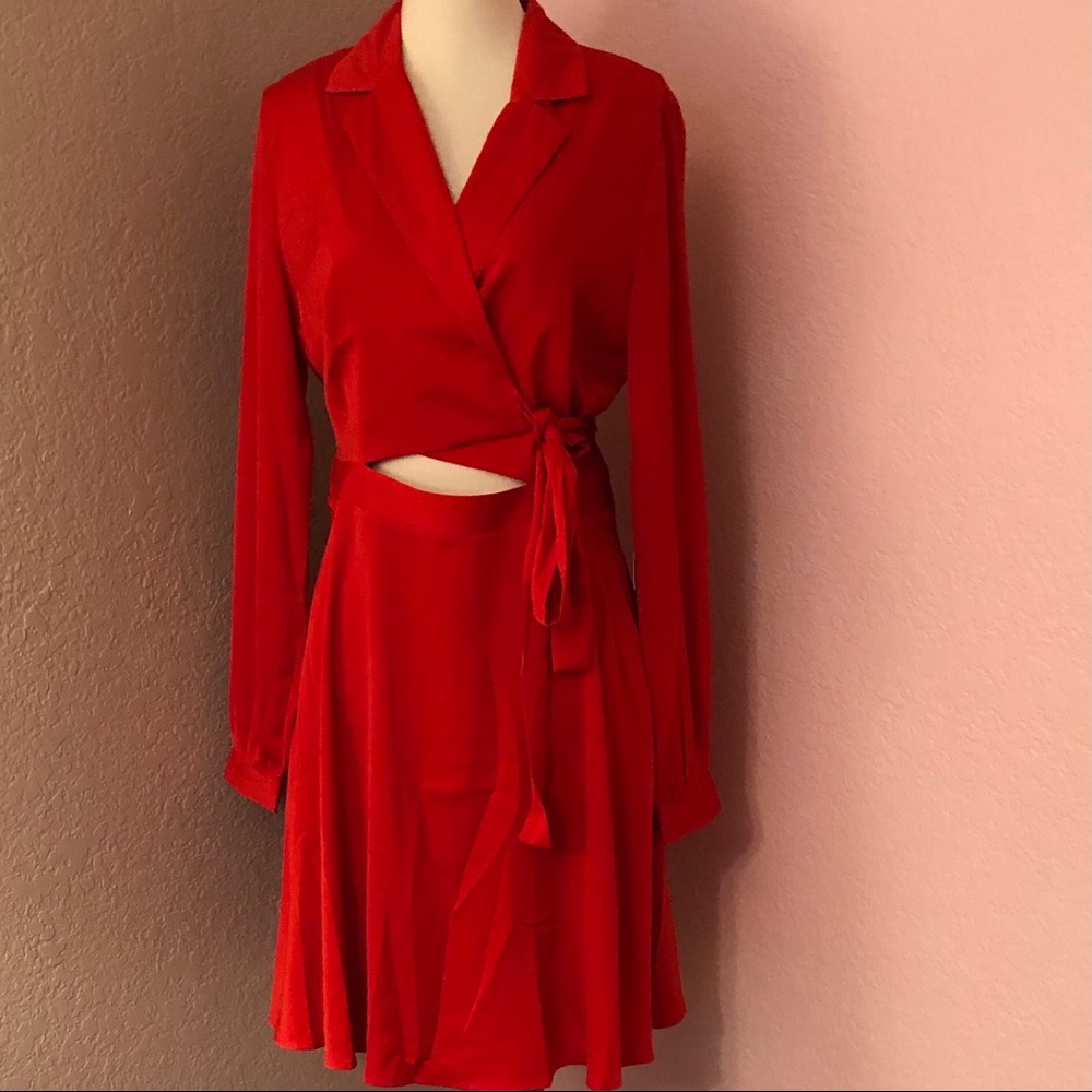 NWT Astr Crimson Red wrap dress with subtle midriff cutout 8 — party perfect!